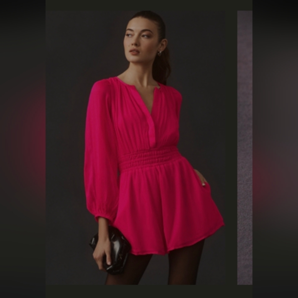 by Anthropologie Hot Pink The Long-Sleeve Somerset Romper